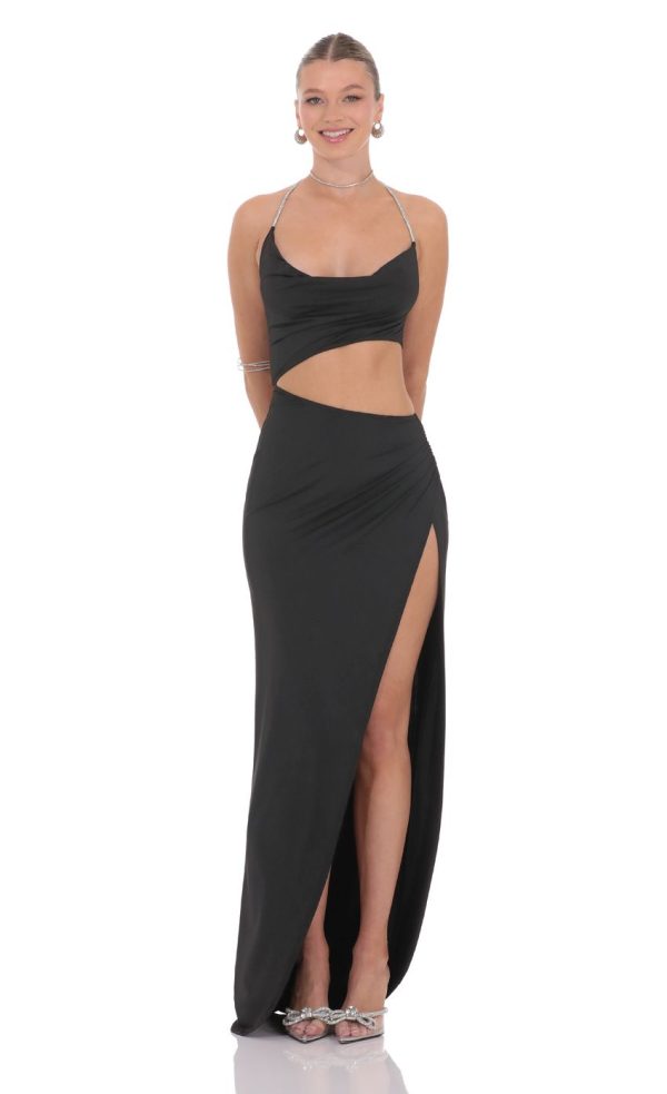 Rhinestone Cutout Maxi Dress in Black