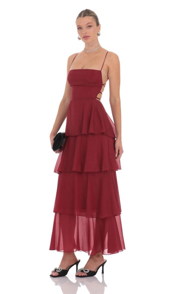 Shimmer Crinkle Maxi Dress in Maroon - Image 3