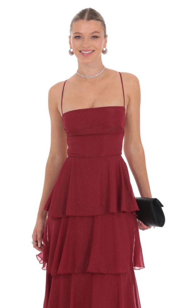 Shimmer Crinkle Maxi Dress in Maroon - Image 4