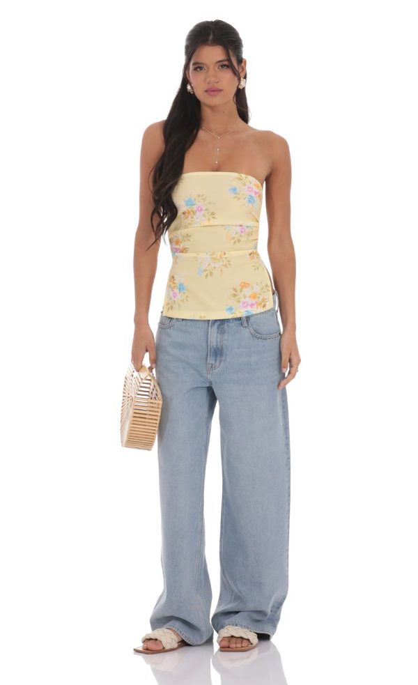 Floral Strapless Double Slit Top in Yellow - Image 4