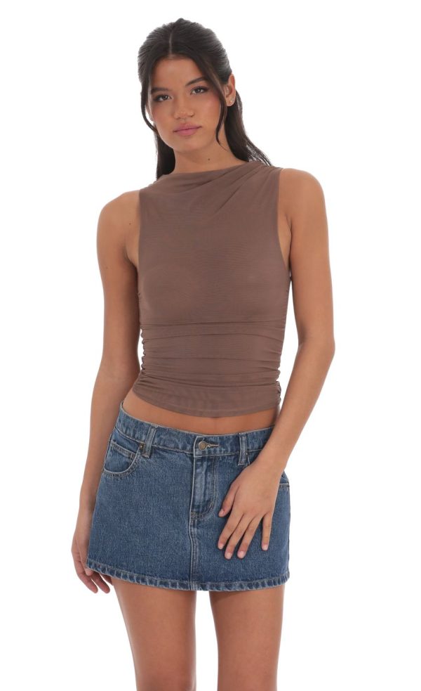 Mesh Ruched Top in Taupe