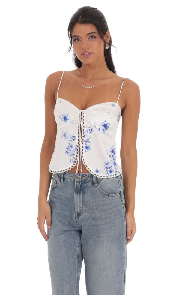 Satin Floral Front Tie Top in White