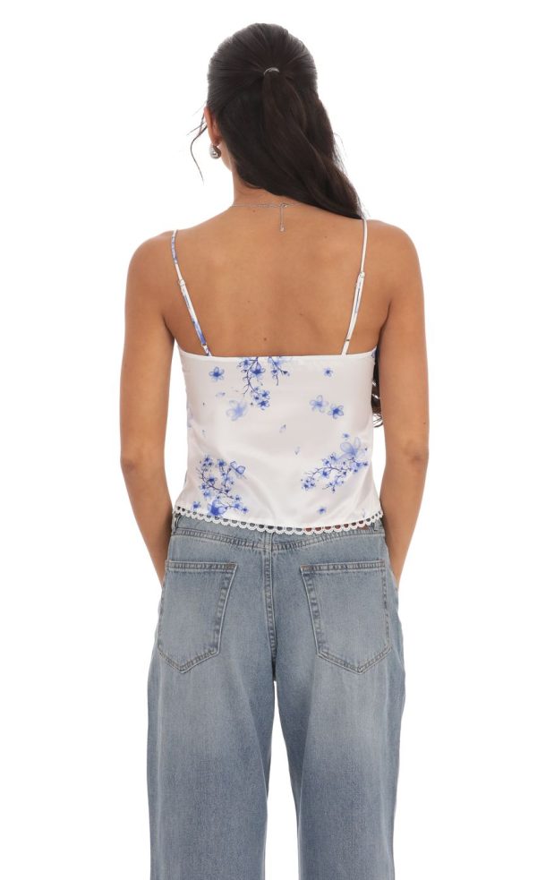 Satin Floral Front Tie Top in White - Image 2