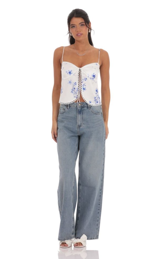 Satin Floral Front Tie Top in White - Image 4