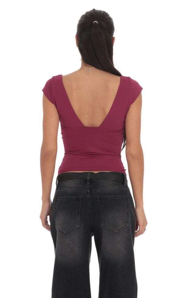 Short Sleeve V-Neck Top in Plum - Image 2