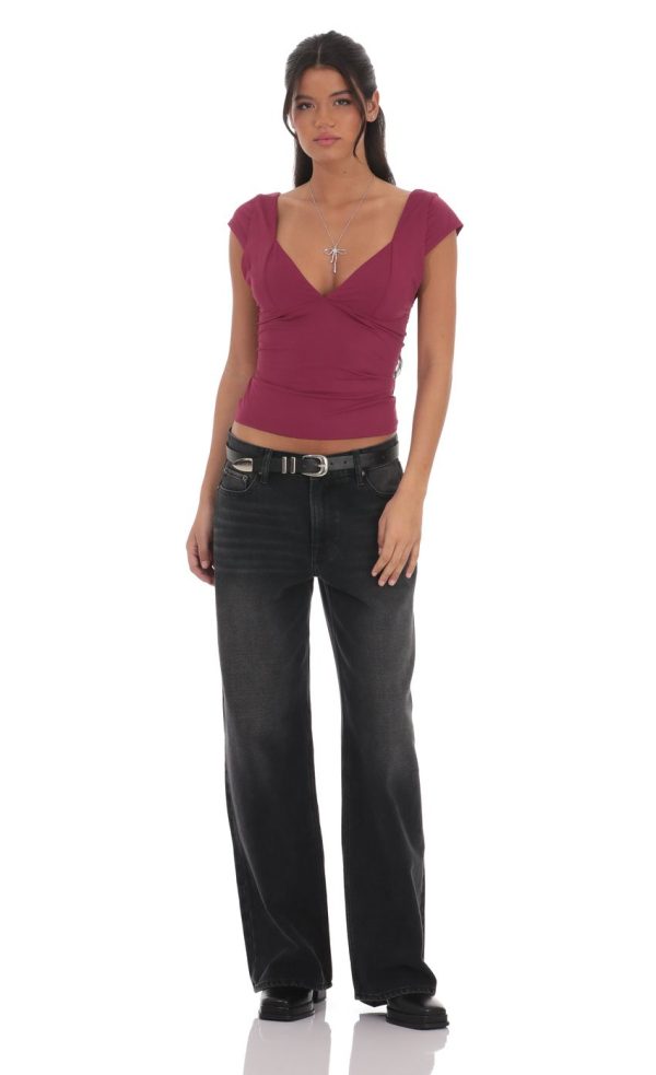 Short Sleeve V-Neck Top in Plum - Image 4