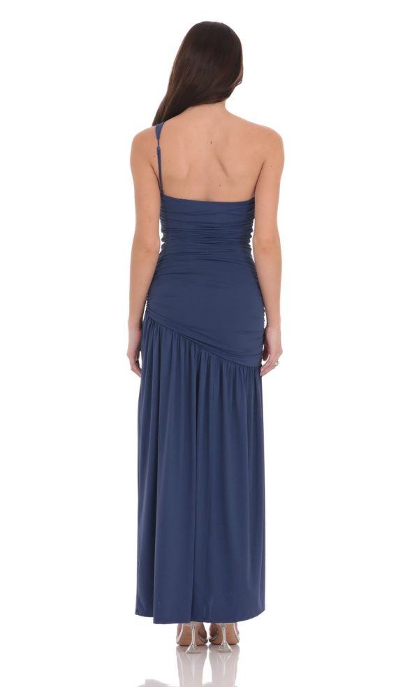One Shoulder Drop Waist Maxi Dress in Navy - Image 2