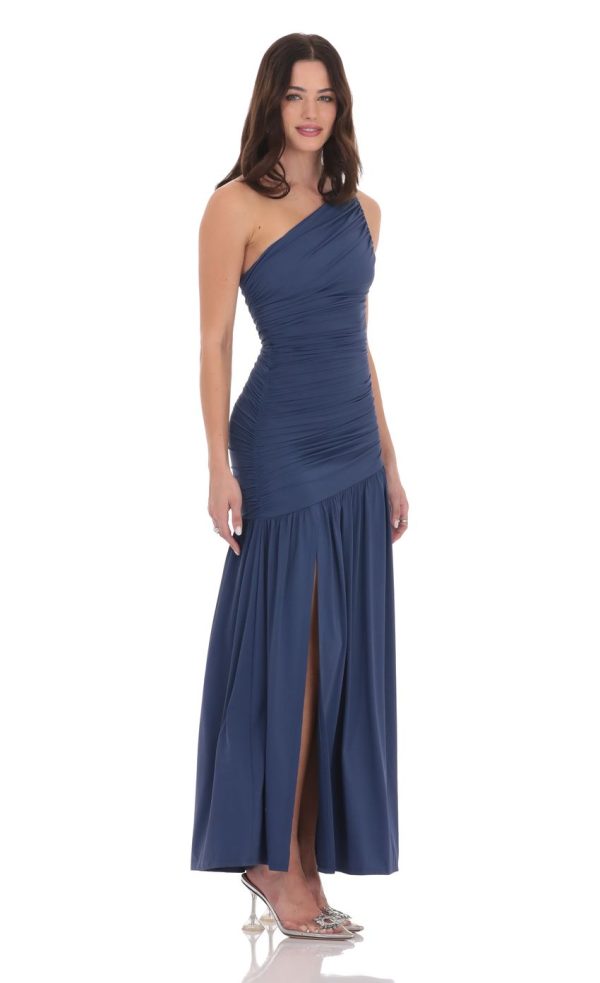 One Shoulder Drop Waist Maxi Dress in Navy - Image 3