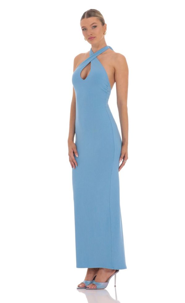 Ribbed Keyhole Maxi Dress in Blue - Image 3