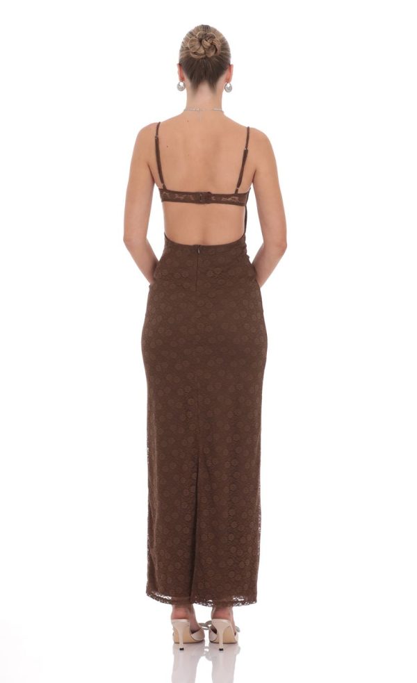 Lace Open Back Maxi Dress in Brown - Image 2