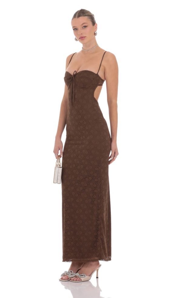 Lace Open Back Maxi Dress in Brown - Image 3