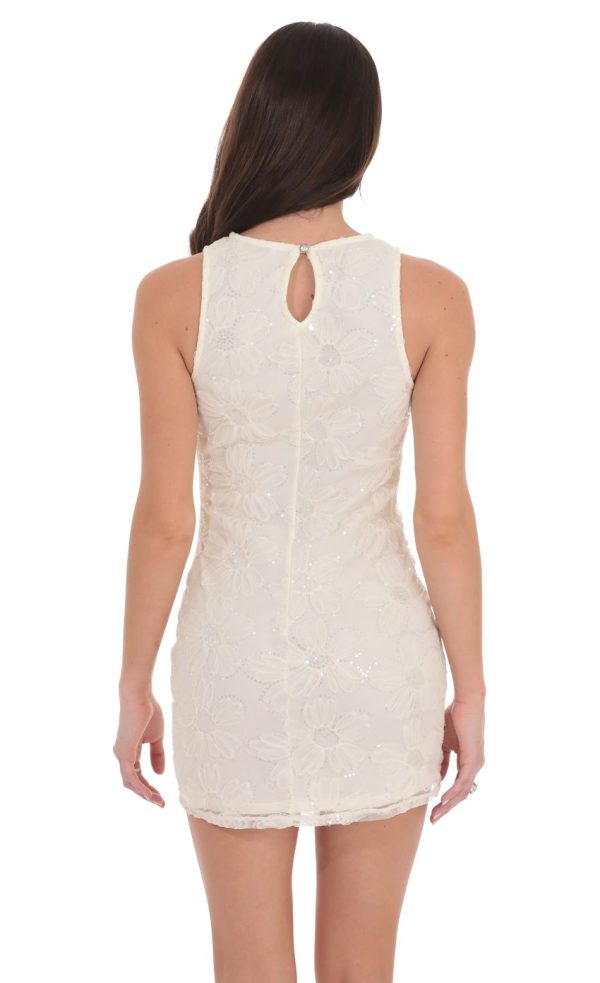 High Neck Sequin Floral Dress in Ivory - Image 2