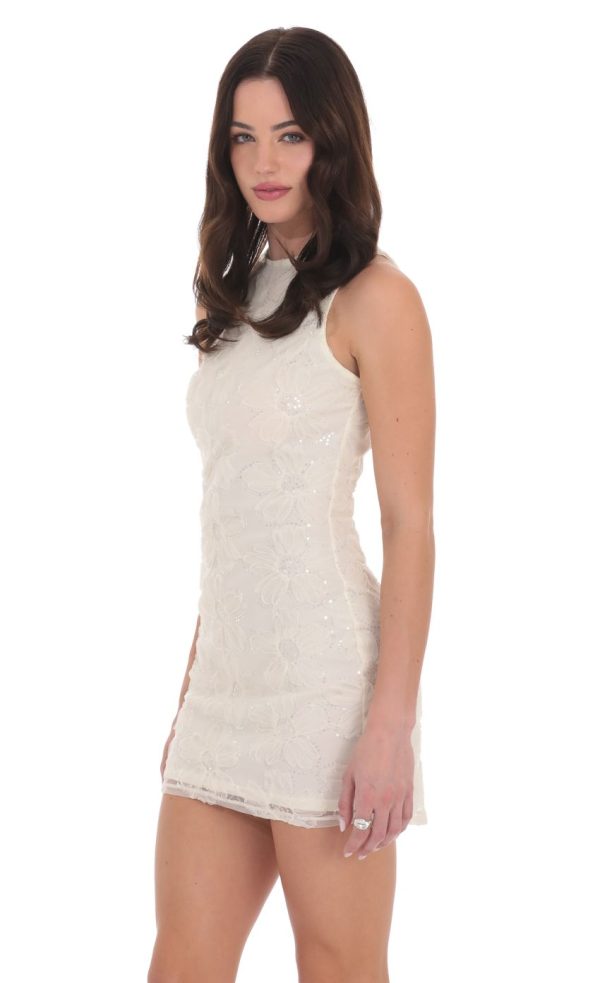 High Neck Sequin Floral Dress in Ivory - Image 3