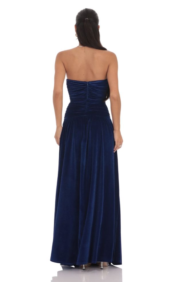 Velvet Ruched Drop Waist Maxi Dress in Navy - Image 2