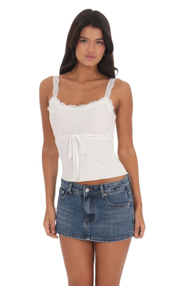 Drawstring Lace Trim Top in White