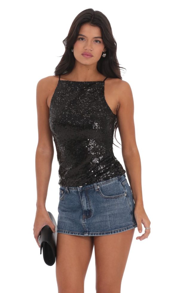 Sequin Straight Neck Top in Black - Image 2