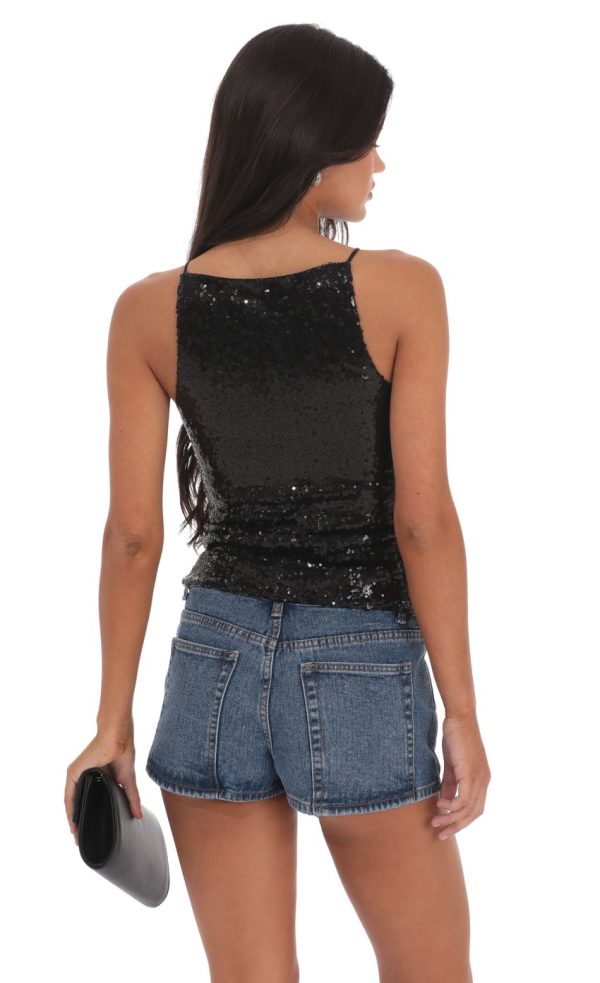 Sequin Straight Neck Top in Black - Image 3