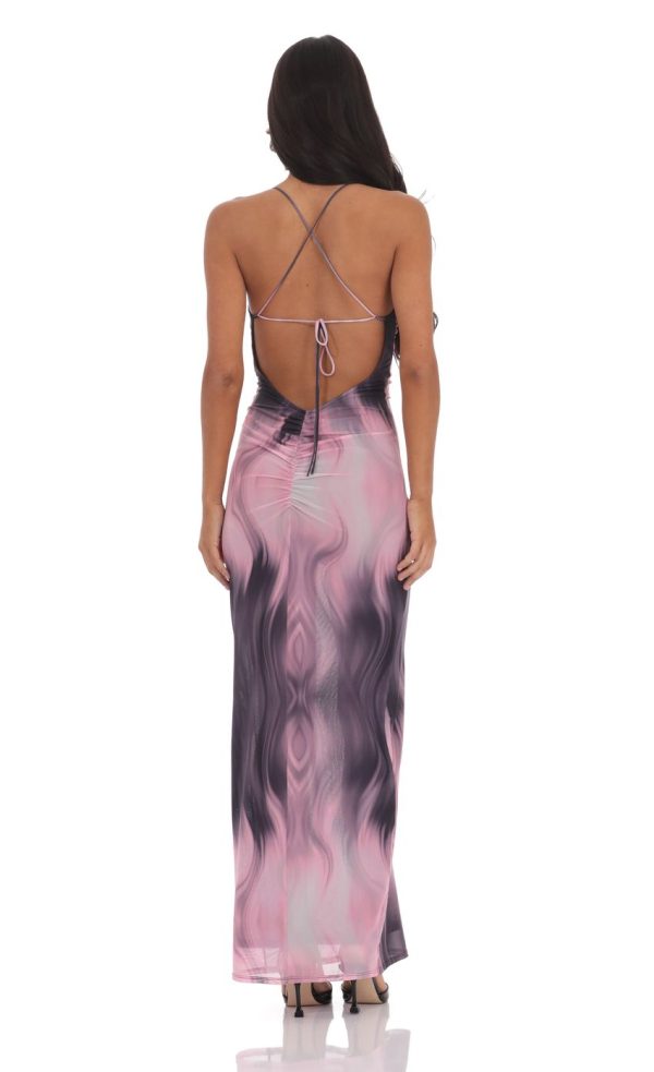 Mesh Print Bodycon Maxi Dress in Pink - Image 2