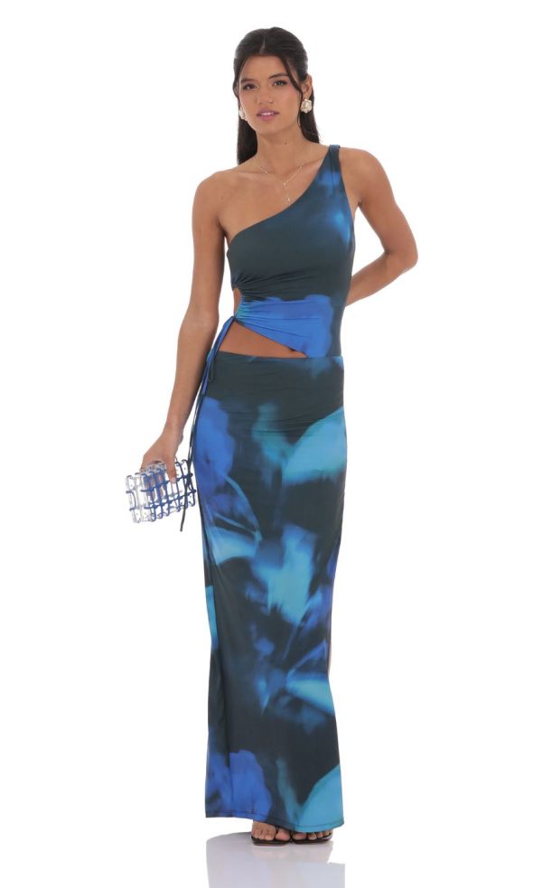 One Shoulder Cutout Maxi Dress in Black and Blue