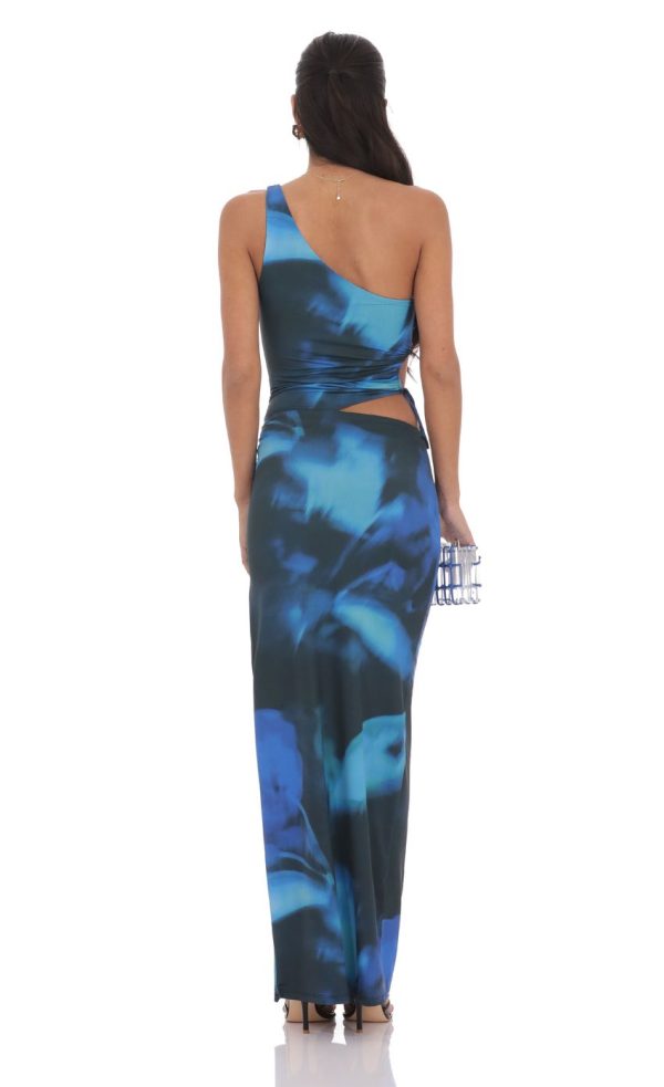 One Shoulder Cutout Maxi Dress in Black and Blue - Image 2