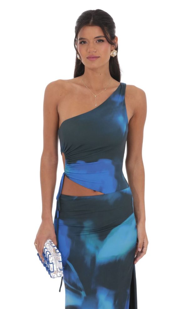 One Shoulder Cutout Maxi Dress in Black and Blue - Image 4
