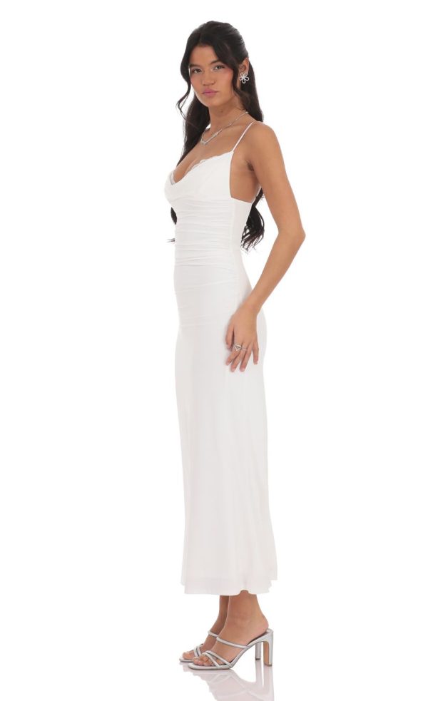 Ruched Cowl Neck Maxi Dress in White - Image 3