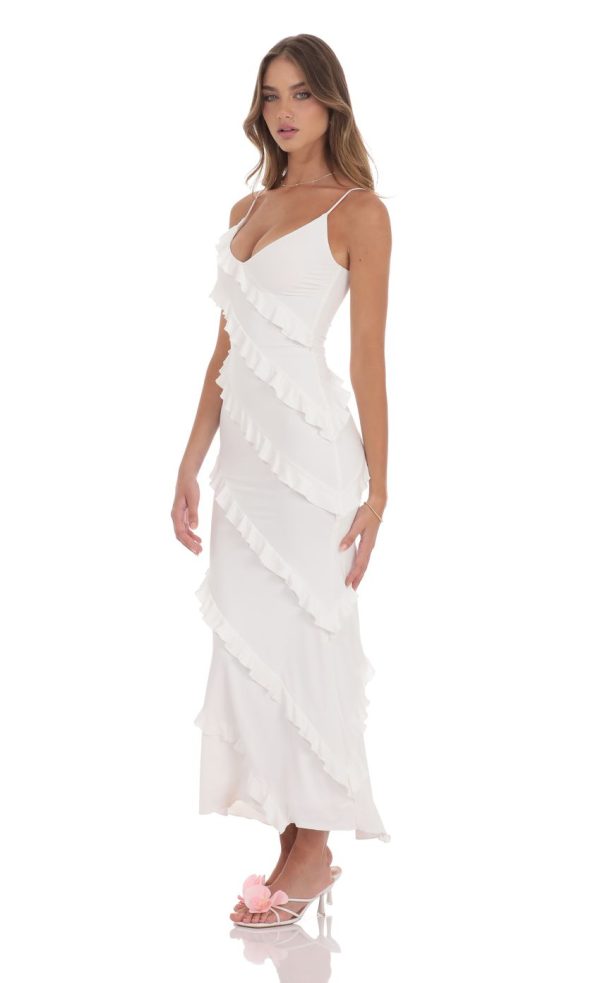 Ruffle V-Neck Maxi Dress in White - Image 3