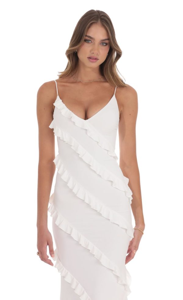 Ruffle V-Neck Maxi Dress in White - Image 4