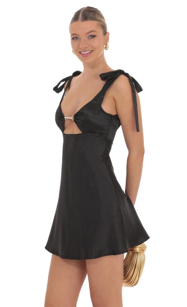 Pearl Cutout Satin Dress in Black - Image 3
