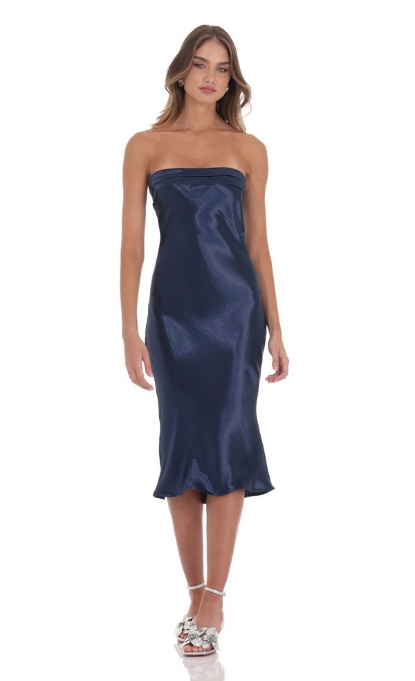 Strapless Satin Open Back Midi Dress in Navy - Image 2