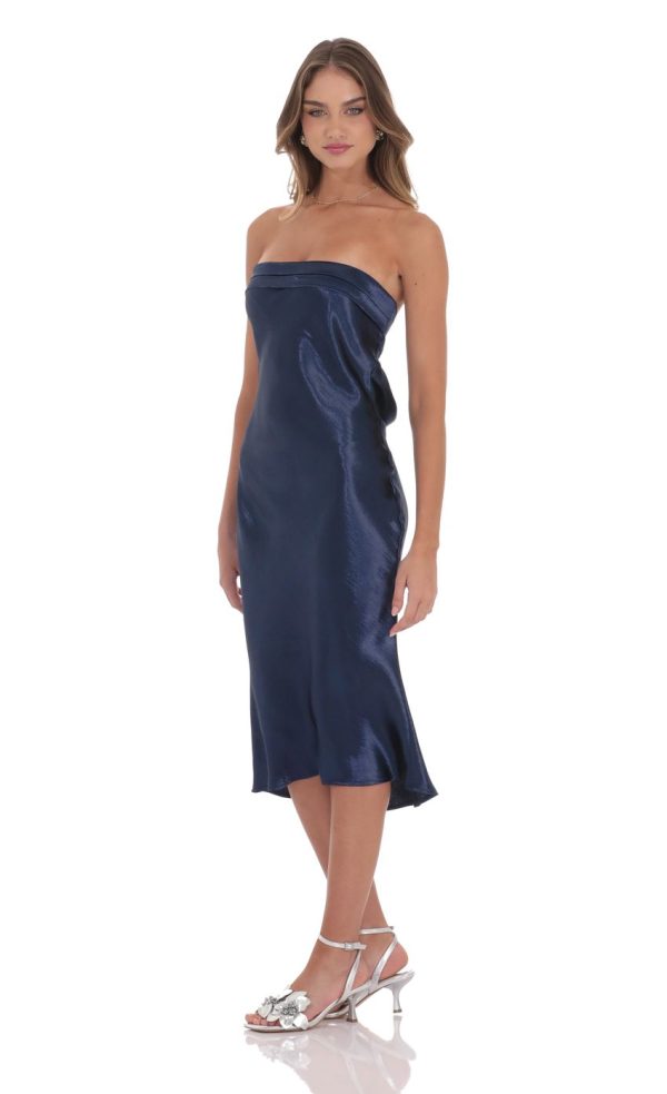 Strapless Satin Open Back Midi Dress in Navy - Image 3