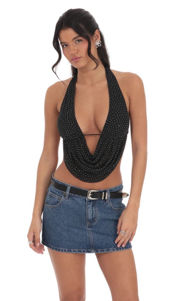 Rhinestone Mesh Draped Halter Top in Black