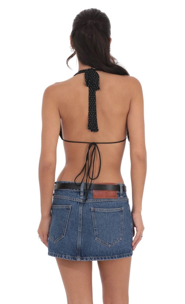 Rhinestone Mesh Draped Halter Top in Black - Image 2