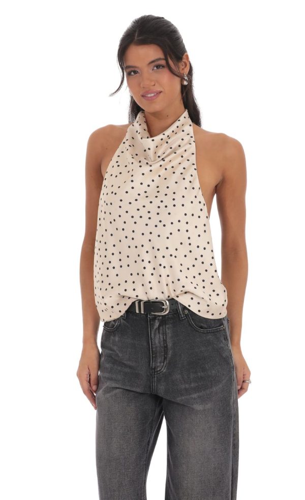 Mock Neck Polka Dot Top in Beige