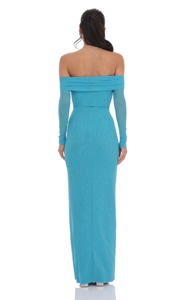 Mesh Off Shoulder Maxi Dress in Aqua Blue - Image 2