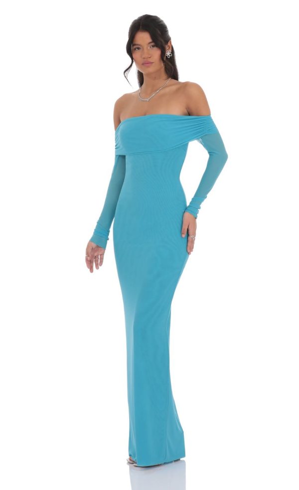 Mesh Off Shoulder Maxi Dress in Aqua Blue - Image 3
