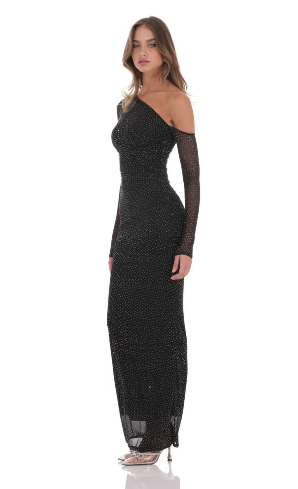 Off Shoulder Rhinestone Maxi Dress in Black - Image 3
