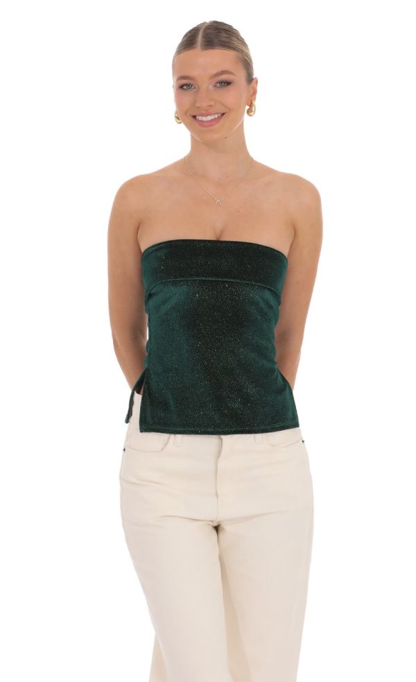 Velvet Foil Strapless Slit Top in Green