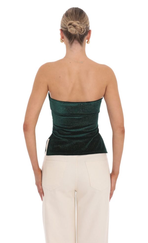 Velvet Foil Strapless Slit Top in Green - Image 2