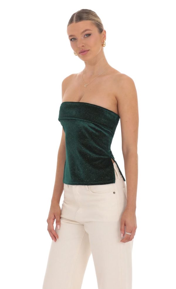 Velvet Foil Strapless Slit Top in Green - Image 3