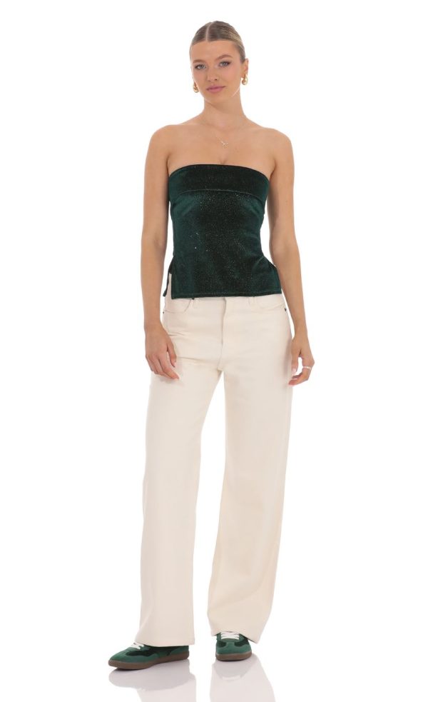 Velvet Foil Strapless Slit Top in Green - Image 4