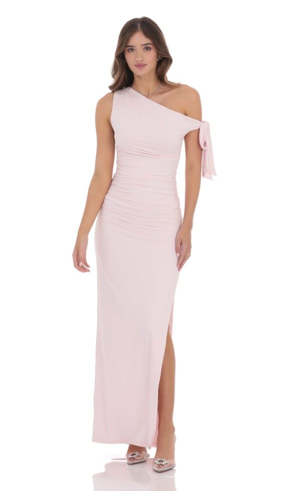 Off Shoulder Tie Strap Maxi Dress in Pink - Image 2