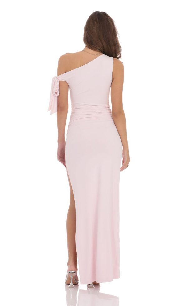Off Shoulder Tie Strap Maxi Dress in Pink - Image 3