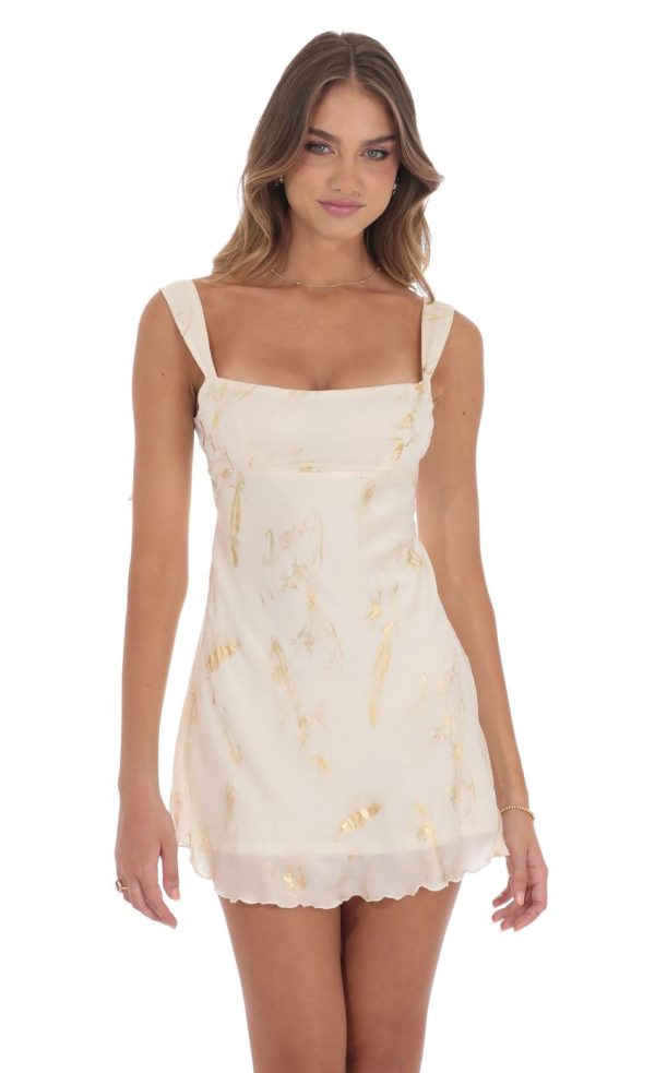 Gold Foil Open Back Dress in Cream - Image 2
