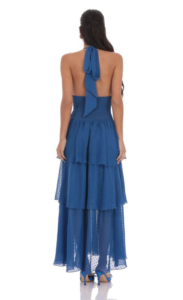 Dotted Smocked Halter Maxi Dress in Blue - Image 2