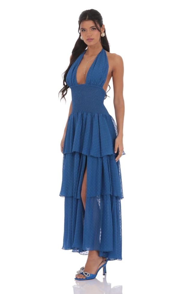 Dotted Smocked Halter Maxi Dress in Blue - Image 3