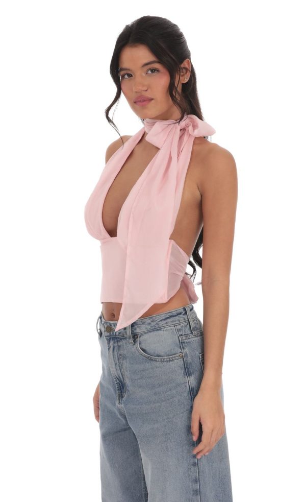 Shimmer Chiffon Halter Top in Pink - Image 3