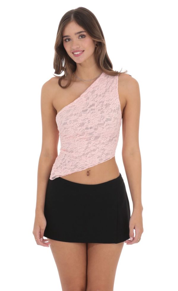 One Shoulder Lace Top in Pink - Image 2