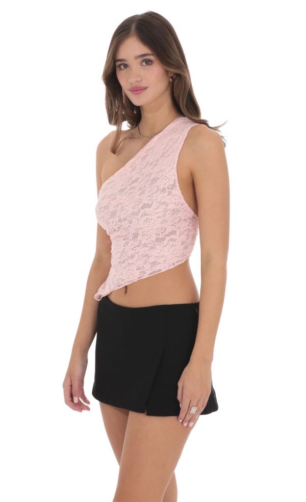 One Shoulder Lace Top in Pink - Image 3