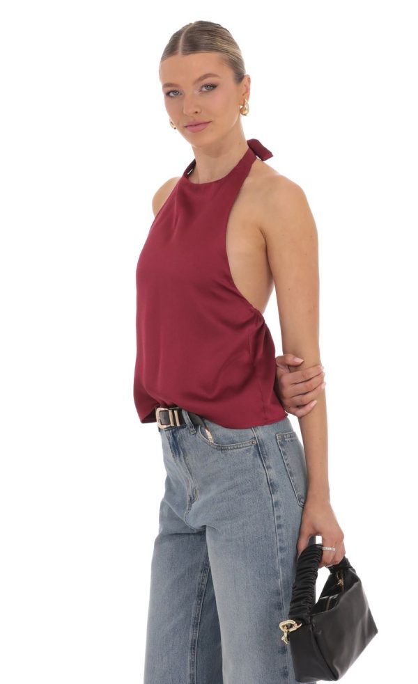 Satin Halter Top in Burgundy - Image 3